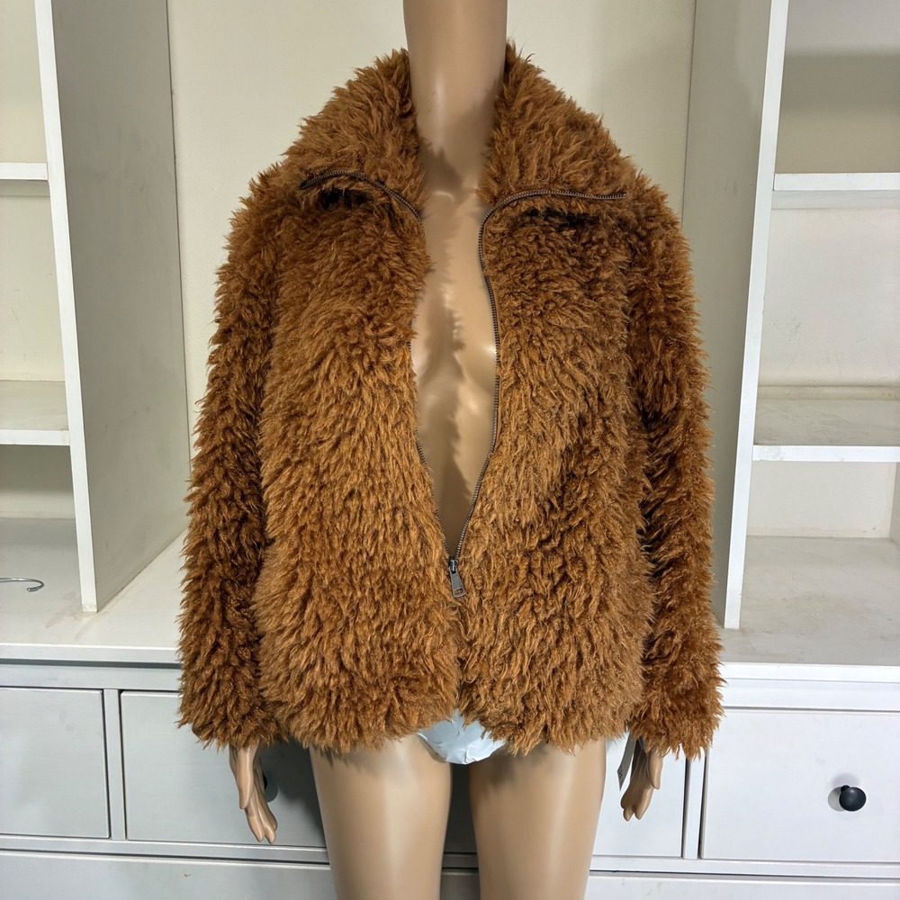 Bar III Womens Shaggy Faux Fur Zip Front Teddy Jacket Pure Copper Small NEW